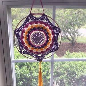 Handmade Crochet Mandala Dreamcatcher Wall Hanging – Purple, Gold, Pink & White